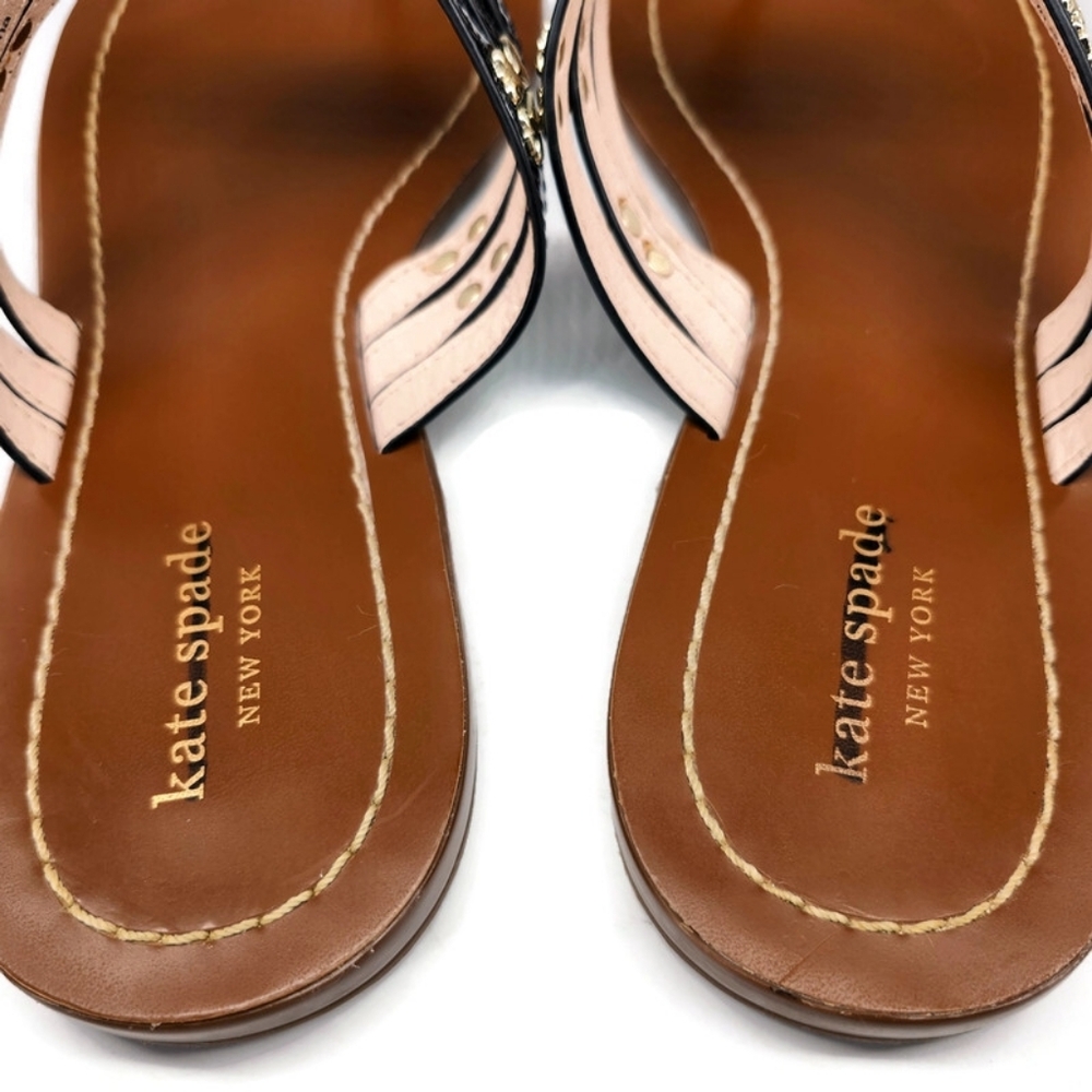 Kate Spade Carol Black Patent Leather Gold Spade Studs Slide-On Thong Sandals - Picture 6 of 11
